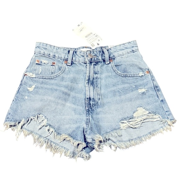 Zara Womens Blue Jean Denim High Rise Curved Shorts Size 2 Distressed Frayed Hem - Picture 7 of 9